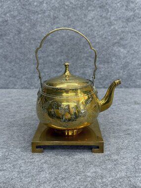 Vintage Solid Brass Teapot Etched Floral Motif Engraved Florals Swinging Handle